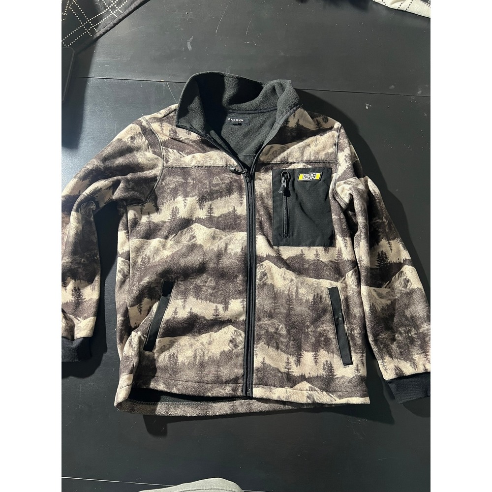 PacSun Mens Small Mountain Forest‎ Landscape Print Full Zip Fleece Jacket Gray